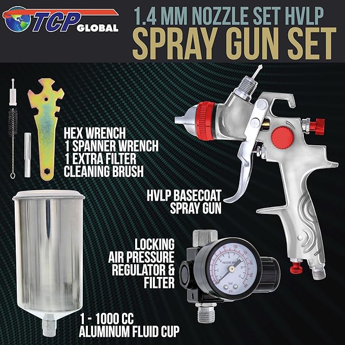 TCP Global Professional HVLP Spray Gun 1.4mm - Gravity Feed Auto Paint Gun Kit for Basecoat, Clearcoat, Primer - Spray Guns Paint Sprayer with Air Compressor Regulator (G6600-13)