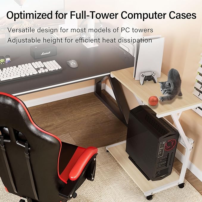 Computer Tower Cart - Height Adjustable PC Stand, 2-Tier ATX-Case CPU Holder Home Office Gaming Desk Accessories with Rolling Lockable Wheels, Laptop Table Standing Computer Desk, Natural White
