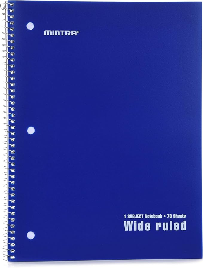 Mintra Office Spiral Notebooks - 1 Subject, Poly Cover, 70 Sheets, WIDE Ruled, 8in x 10in, Bulk Pack, Primary Color Waterproof Covers, Set of 6 - for School, Office, Business, Professional (04658)