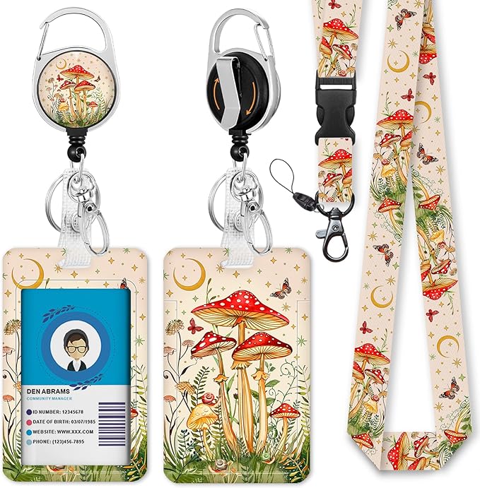 Giancomics Mushroom Lanyards for Id Badges, Cute ID Badge Holder with Lanyard Badge Reel Retractable, Teacher Lanyard with ID Holder Keychain Clip Name Tag ID Card Holder for Women Work Office Gift