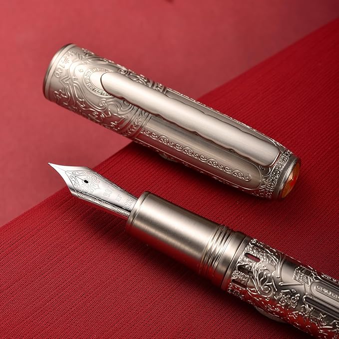 Hongdian 100 Silver Steel Piston Fountain Pen, Iridium Extra Fine Nib Calligraphy, Smooth Writing Pens, Nice Writing Pen for Men & Women