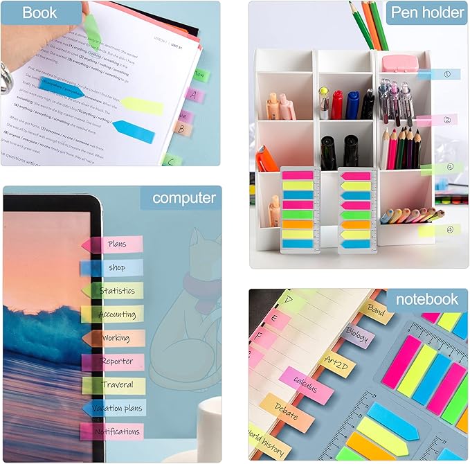 Golcellia Fluorescent Translucent Sticky Tabs, 1600 Pcs Total, Pack of 8 Colors, Arrow and Strip Sticky Notes, Small Page Flags