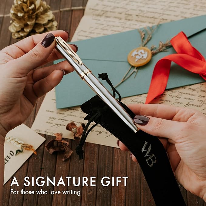 Wordsworth & Black Fountain Pen Set, 18K Gilded Extra Fine Nib, Includes 24 Pack Ink Cartridges, Ink Refill Converter & Gift Pouch, Gold Finish, Calligraphy, [Silver Gold], Perfect for Men & Women