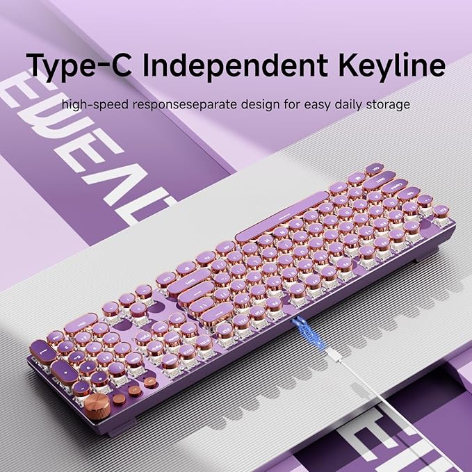 EWEADN Typewriter Style Mechanical Gaming Keyboard, Wired Mechanical Keyboards,104 Keys Backlit LED Keyboards, Media Control Knob, Wired Computer Keyboard Pink Switch for Windows/Mac/PC-Purple