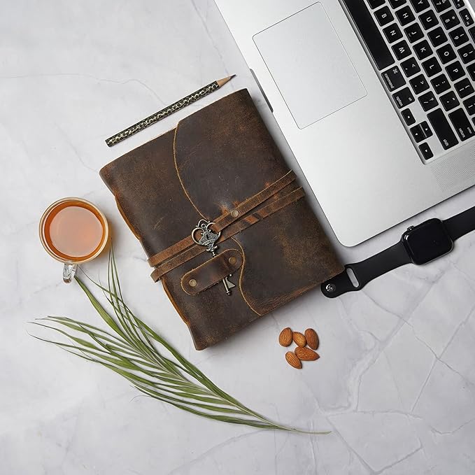 LEATHER VILLAGE Vintage Leather Journal – 200 Handmade Vintage Deckle Edge Paper – Leather bound Journal For Women Men – Vintage Key Closure - Book of Shadows - Cappuccuno Brown - 8X6 inches (A5)
