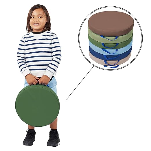 Factory Direct Partners SoftScape 15 inch Round Classroom Floor Cushions with Handles; Flexible Seating for Daycare, Preschool, Playroom; 2 inch Thick Deluxe Foam (6-Piece) - Earthtone, 11232-ET