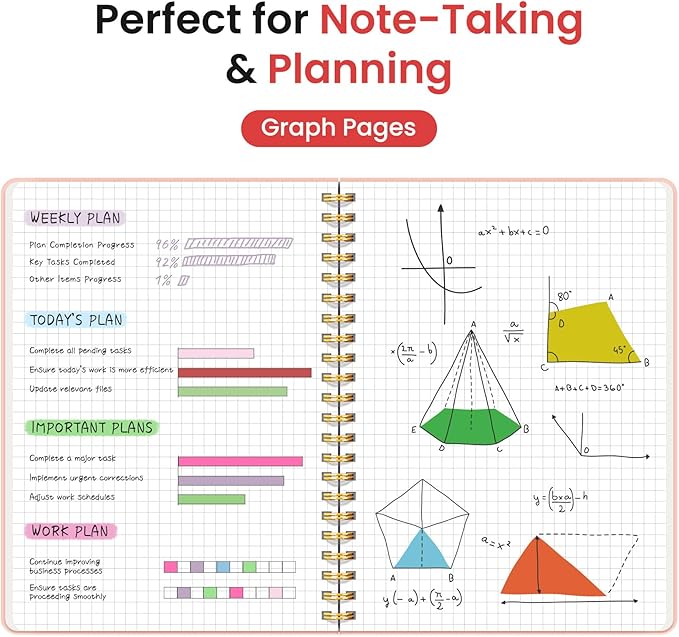 Taja Graph Spiral Journal Notebook for Women & Men, 140 Pages, Graph Paper Hardcover Notebook for Planning & Tracking, Journals for Graphing, A5(6"x8") - Pink
