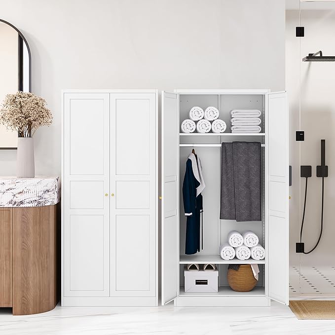 Letaya Wardrobe Armoire Closet,72" H Metal Storage Cabinet with Adjustable Shelves and Hanging Rod,Bedroom Armoire Cabinet Clothes Organizer (White)