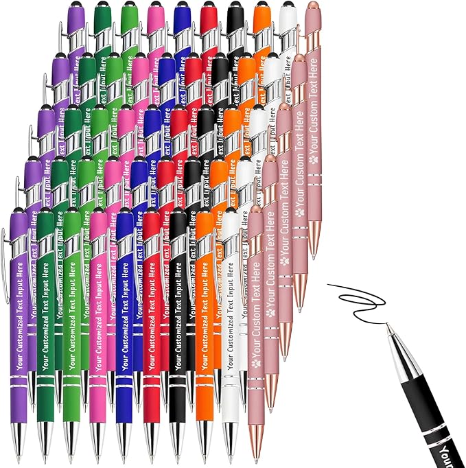 Personalized Ballpoint Pen 50 Custom Pens Free Engraved Bulk with Name Logo, Soft Black Ink Stylus with Touch Metal Office, Gift for Anniversaries, Graduations, Birthdays