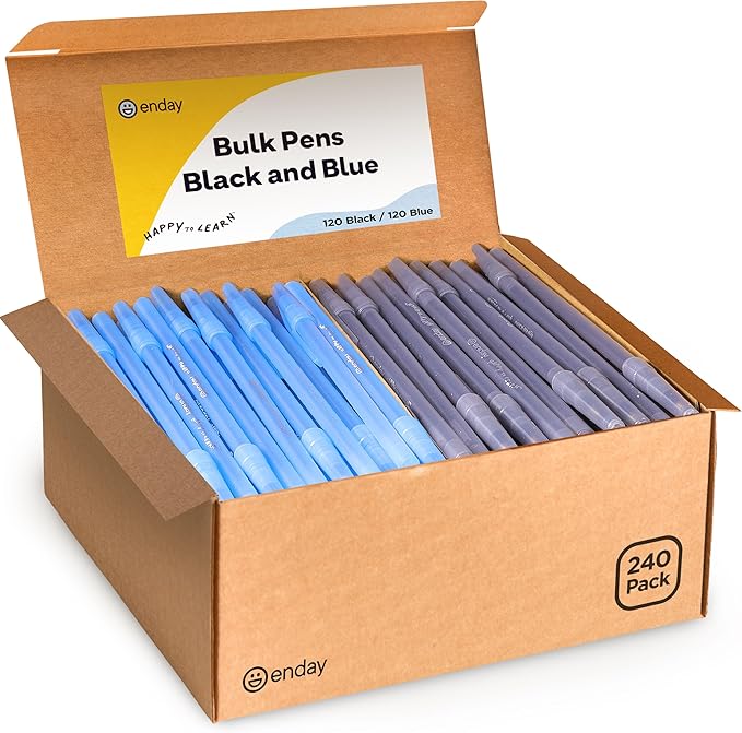 Enday Ballpoint Pens Bulk Blue and Black Pens (240 Pack) 120 Black & 120 Blue - Medium Point (1.0mm) Flexible Round Barrel For Writing Comfort, Pens Bulk for School, Home and Office.