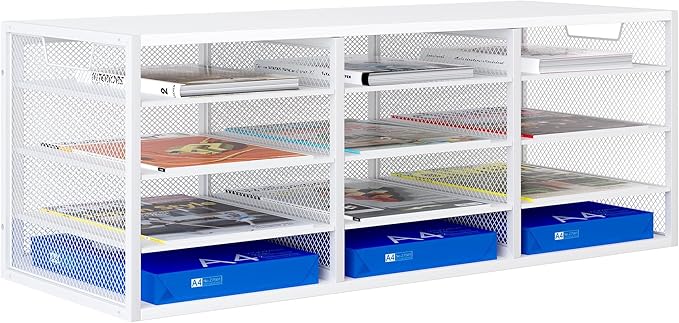 Mail Sorter Adjustable Countertop Mail Holder, Heavy Duty Literature Organizer, Student Mailbox for Classroom, Desktop Bill Paper Organizer for Office Home School, 12 Compartments, White