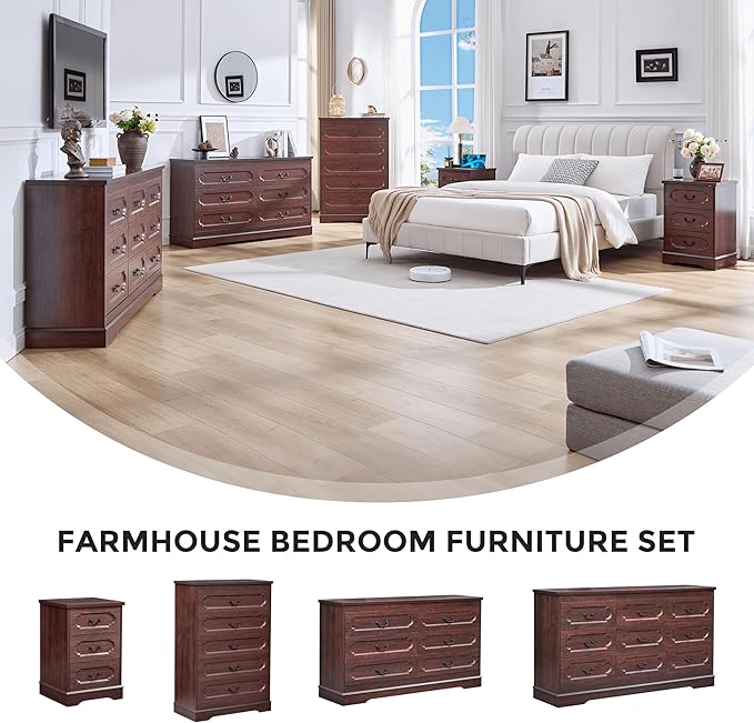 LIDYUK 5 Drawer Dresser for Bedroom Farmhouse Cherry Wood Chest of Drawers for Bedroom Dresser, Rustic 46" Tall Wide Drawers Dressers Wooden Closet Storage Cabinet, Hallway, Living Room