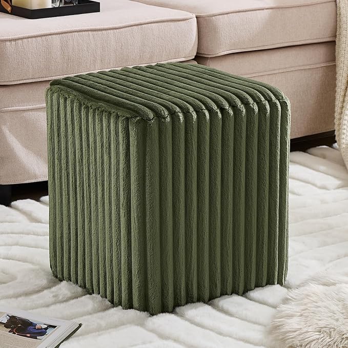 Modern Square Ottoman, Vertical Channel Tufted Foot Stool Ottoman, Velvet Upholstered Vanity Stool for Makeup, Bedroom, Living Room, Dark Green