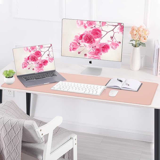 Large Desk Mat -47.2" x 17.5" Leather Desk Pad Protector with Natural Cork & PU Leather, Non-Slip Office Desk Mat, Double-Sided Mouse Pad, Waterproof Large Desk Pad for Office&Home(Pink)