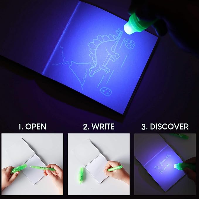 BONNYCO Invisible Ink Pen and Notebook Pack 32 Dinosaur Party Favors for Kids, Magic Spy Pen Goodie Bags Stuffers for Kids, Dinosaur Birthday Party Supplies, Goody Bag Stuffers Return Gifts Prizes