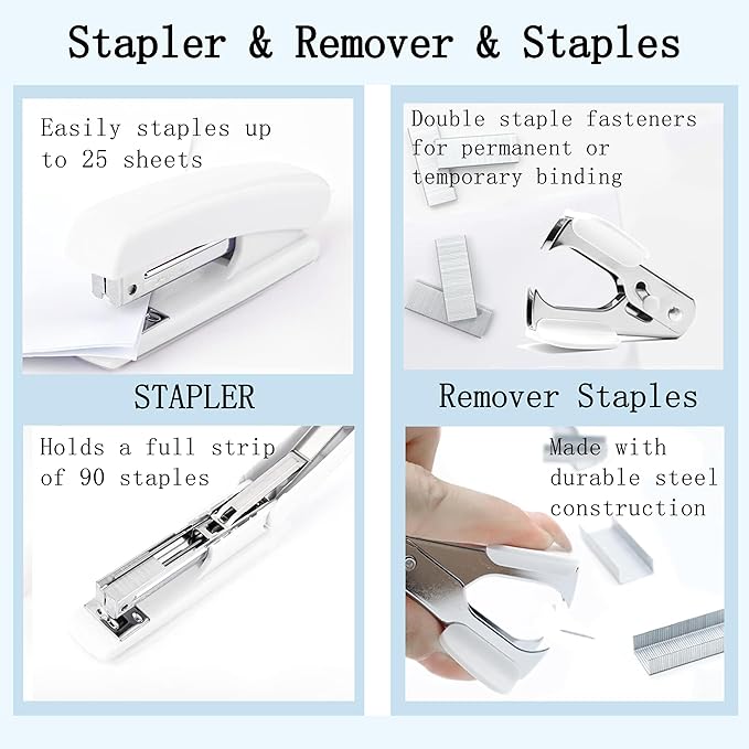 Office Desk Accessories, White Office Supplies 360°Pen Holder Desk Organizers And Accessories with Tape Dispenser, Stapler, Staple Remover, 1000 Staples, Tape, Clips Set, Ruler, Scissor, Pen