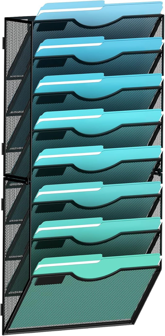 8-Tier Wall File Organizer Hanging Wall File Holder Wall Mount Paper Folder Organize, Mesh Magazine Document Mail Organizer Wall Organizer for Office School Home, Black