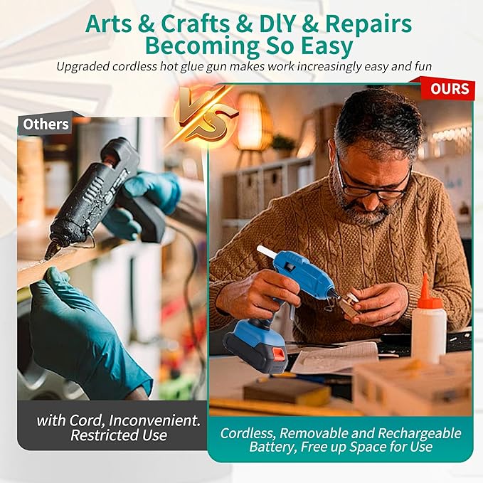 60W cordless hot glue gun, powered by a 20V battery, comes with 30 full-size glue sticks, anti drip, fast heating, perfect for DIY crafts, maintenance, and home projects (including batteries)