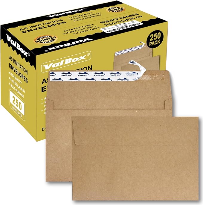 ValBox A9 Invitation Envelopes, 5.75 x 8.75 Inches, Brown Kraft Envelopes for Wedding Invitations, Greeting Cards, Announcements, with Self Adhesive Seal, 250 Count (5.75 x 8.75 Inches)