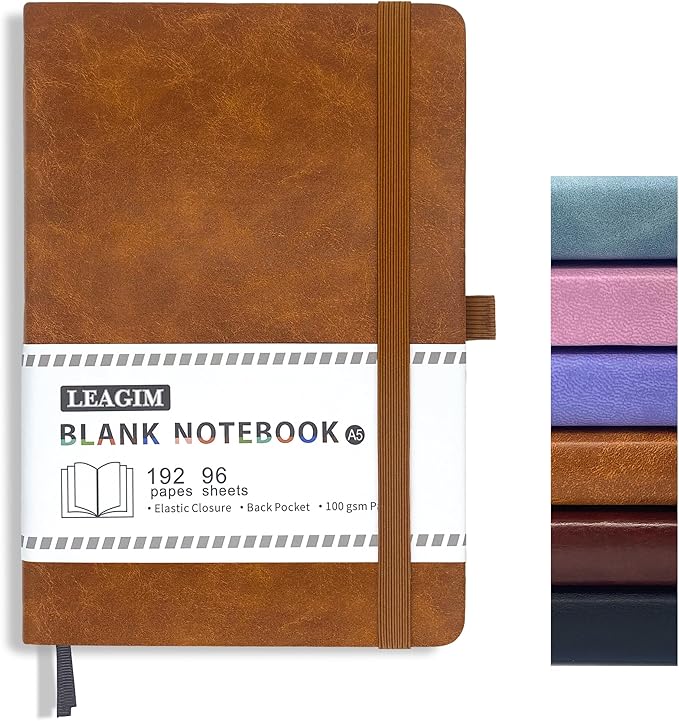 Blank Journal Notebook, A5, 192 Pages 100 GSM Thick Sketch Book for Women Men, Hardcover Leather Unlined Journaling for Work, Notebooks for Writing, 5.8 inches x 8.5 inches (Brown)