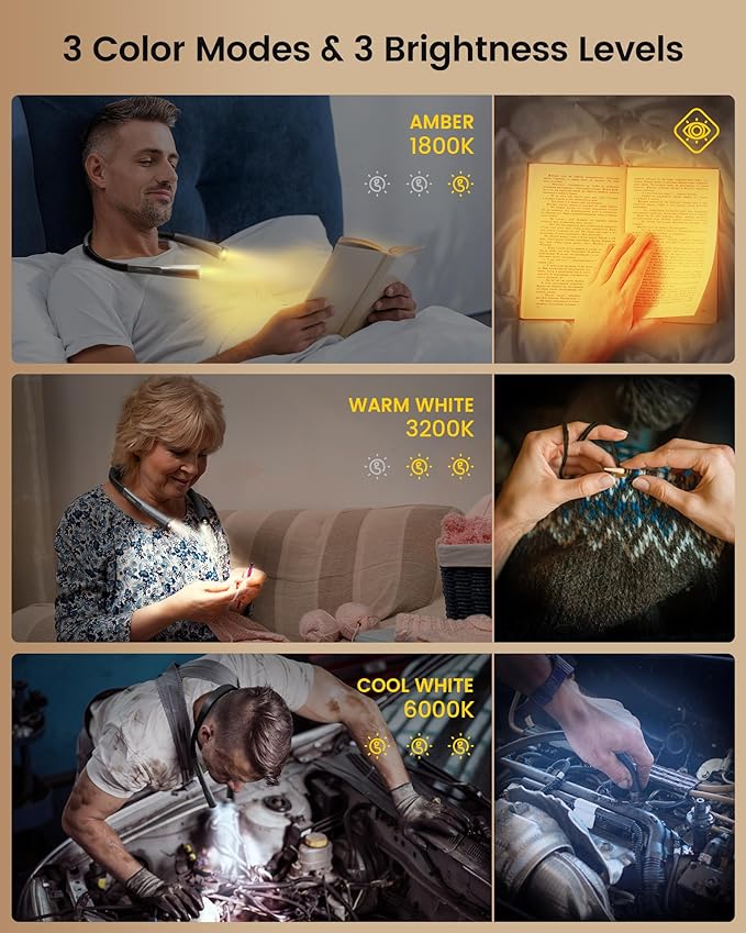 Glocusent Upgraded LED Neck Reading Light, Book Light for Reading in Bed, 30-min Timer, 3 Colors & 3 Brightness Adjustable, Rechargeable & Long Lasting, Perfect for Reading, Knitting