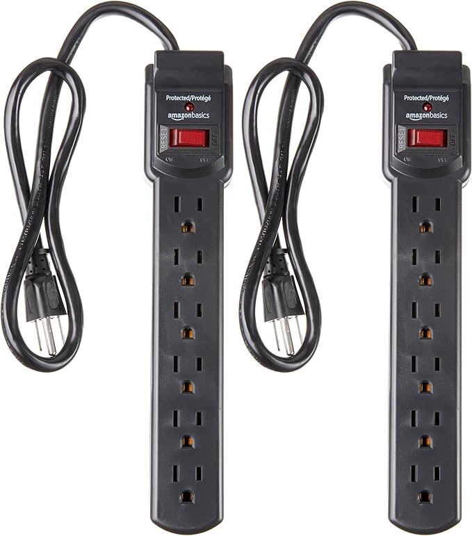 Amazon Basics Surge Protector Power Strip, 6-Outlet with 200J Protection, 2ft Extension Cord, Rectangle, Black (2 Pack)