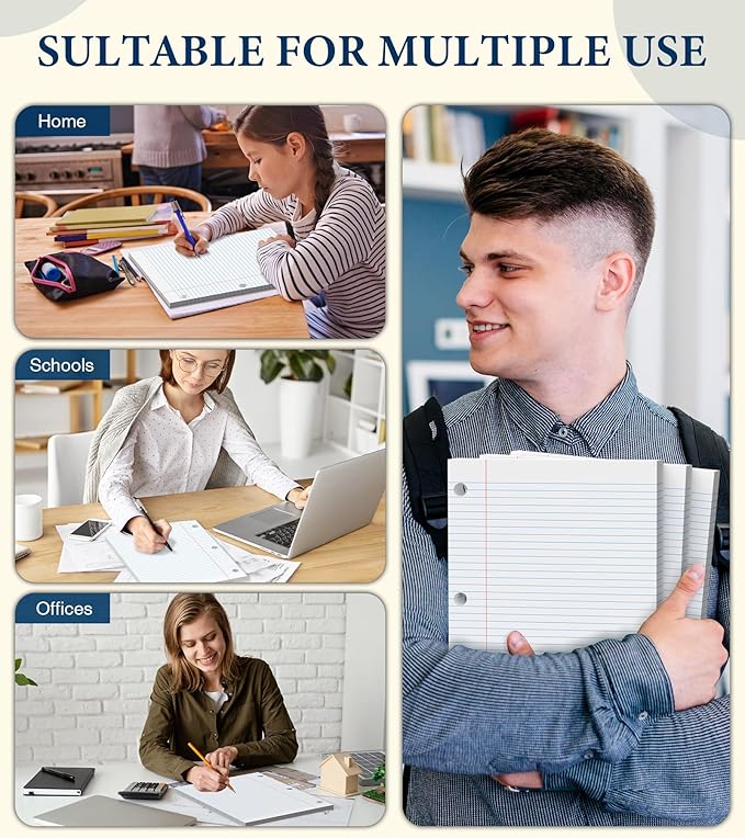 College Ruled Loose Leaf Paper, 3 Hole Punch Paper 8 x 10.5, Notebook Paper, Filler Paper for 3 Ring Binders, Lined Paper College Ruled, 100 Sheets/Pack Writing Paper With Lines (4 Pack)