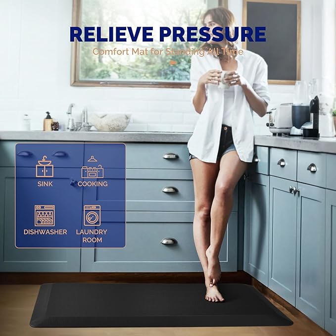 FEATOL 2 Packs Anti Fatigue Mats Thick Cushioned Standing Desk Mat Office, Ergonomic Kitchen Mats Set of 2, Memory Foam Comfort Floor Mat Padded Foam Rugs, Stain Resistant, Non-Slip (20" x 60", Black)