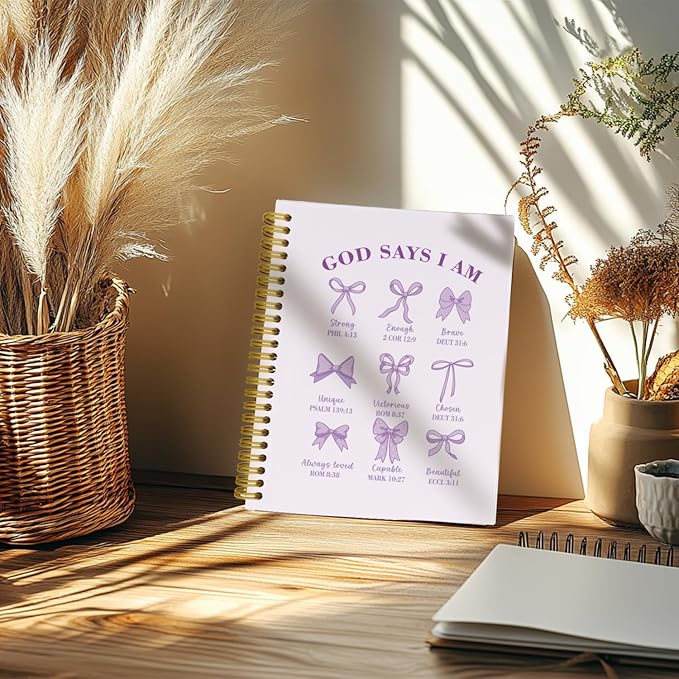 Coquette Purple Bows Bible Notebook,Aesthetic Composition Notebook, God Says I Am Christian Scripture Prayer Journal for Women, Hardcover Spiral Notebooks College Ruled 5.5 x 8.3 （Purple