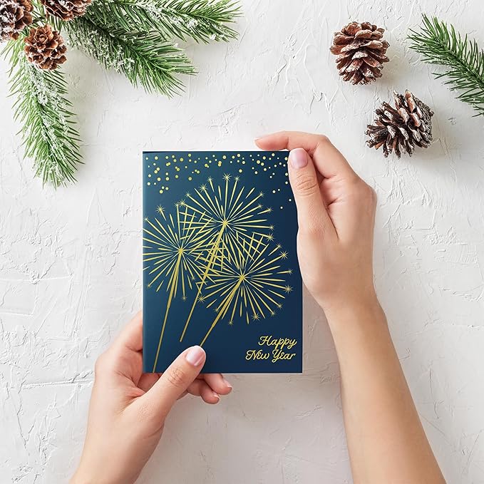 Dessie Boxed Happy New Year Cards - 30 Luxurious Large 5x7 inch Greeting Cards in Vibrant Colors with Gold Foil Accents, Short Greetings Inside. Includes 32 White Envelopes and Sturdy Storage Box