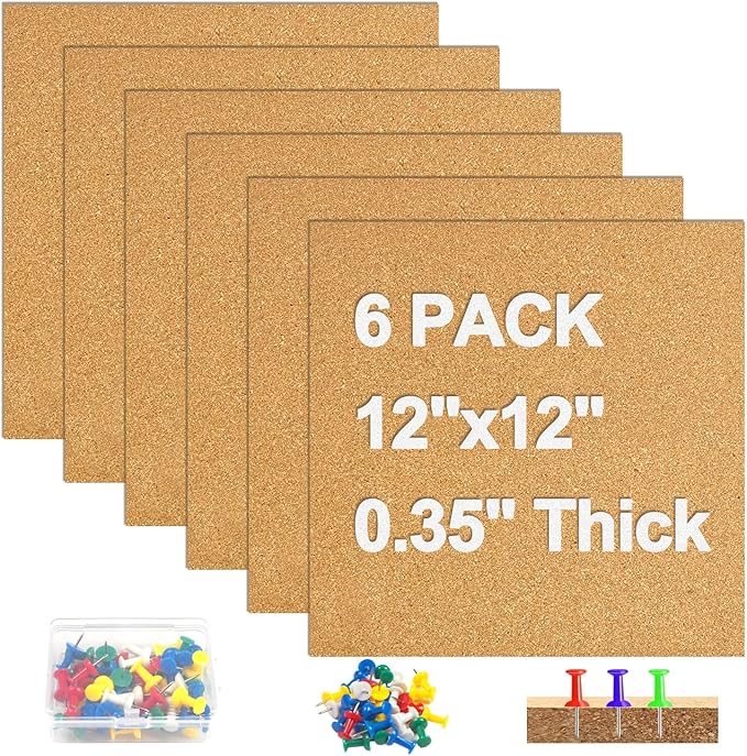 6 Packs Cork Board Tiles 12" x 12", 0.35" Thick Self-Adhesive Cork Boards for Walls with 50 Push Pins, Square Bulletin Boards Cork Tiles for Home Office Decorative