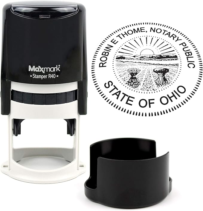 Round Notary Stamp for State of Ohio- Self Inking Stamp - Top Brand Unit with Bottom Locking Cover for Longer Lasting Stamp - 5 Year Warranty