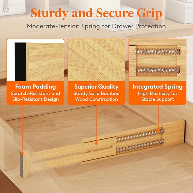 Lifewit 8 Pack Drawer Dividers Bamboo 2.4" High, 12-17" Adjustable Drawer Organizers for Clothes, Wooden Dresser Separators in Bedroom/Bathroom/Kitchen/Fridge/Office Organization and Storage
