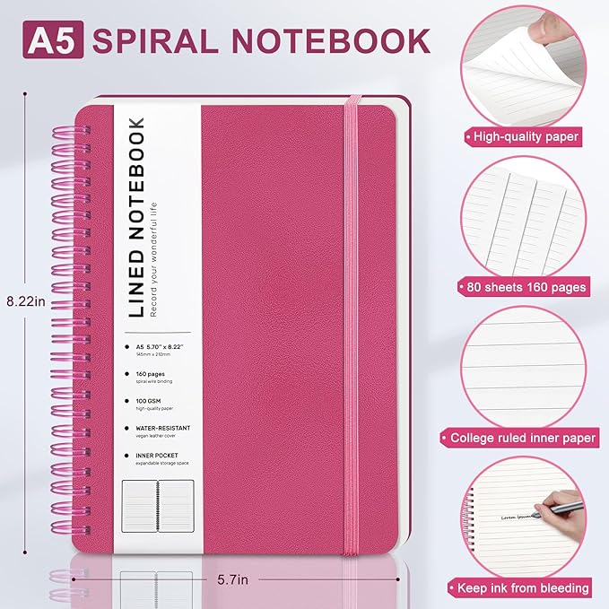 Raspberry Lined Spiral Journal Notebook with 160 Pages, 8×5.7in, A5 Spiral Notebook, Journaling Notebooks for Work, School, Women, Men, College Ruled Spiral Notebook, Hardcover Leather Journals