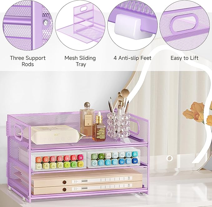 Subekyu 3 Tier Letter Tray Paper Organizer with Handle and 1 PC Sliding Tray, Purple Metal Mesh Desk File Folder Paper Sorter Organizer for Home Office School Desk Supplies Organization Storage