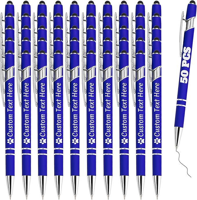 Personalized Pens Bulk 50 with Name Custom Engraving Ballpoint Pens with Stylus Tip Customized Smooth Writing Pens Personalized Gifts for Anniversary Birthday or Graduation(Blue,Black Ink)