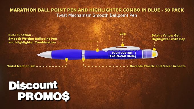 DISCOUNT PROMOS 50 Marathon Gel Highlighter Pens Pack - Customizable Text, Logo - Twist Mechanism, Ballpoint - Blue