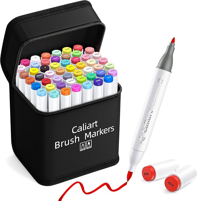 Caliart 51 Colors Brush & Fine Alcohol Markers for Adult Coloring Book, Dual Tip Artist Sketch Art Markers, Aesthetic Cute Preppy Stuff School Supplies, Pens for Lettering Drawing Cards Planner