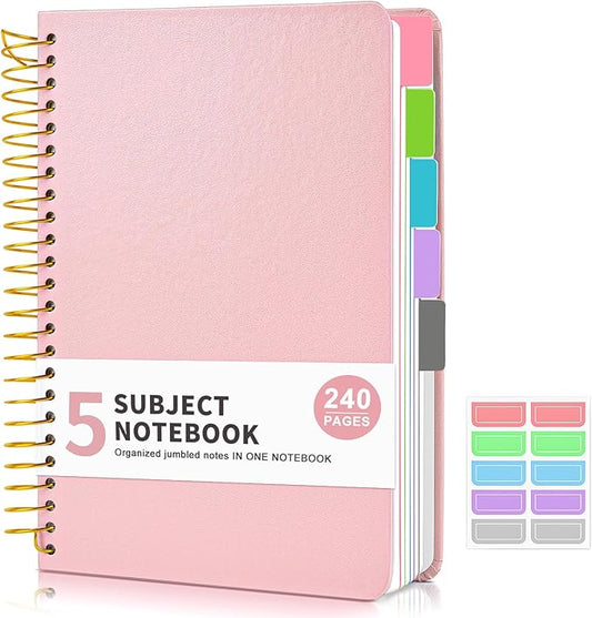 5 Subject Notebook College Ruled, Hardcover Spiral Notebook with Removable Pocket Dividers Tabs, 240 Pages Lined Spiral Journal Notebook for Women, 6x8.5 Notebooks for Work School Note taking A5 Pink