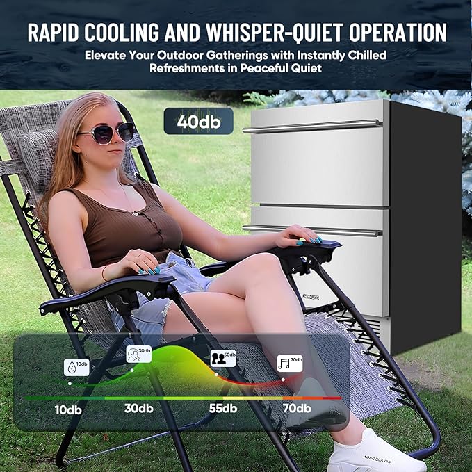 Outdoor Drawer Refrigerator, 24 Inch Undercounter Beverage Cooler Fridge with Stainless Steel Seamless Door Can Hold 154 Cans w/Powerful Cooling Compressor for Kitchen and Commercial