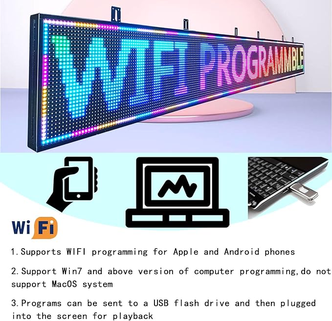 P10 Outdoor Programmable Scrolling Led Digital Sign , Electronic Sign Display Marquee Screen Custom Word Advertising Message Board for Business Store Restaurants Window, Wifi Control Full Color115"X14"