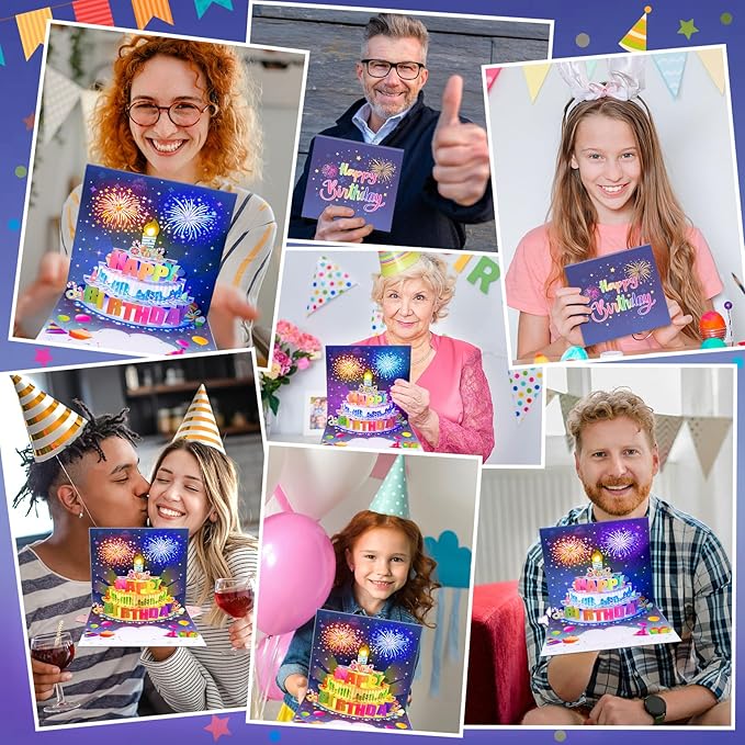 INPHER Birthday Cards Fireworks Pop Up Cake Blowable Light and Music Happy Birthday Card Gifts for Women Men Mom Kids