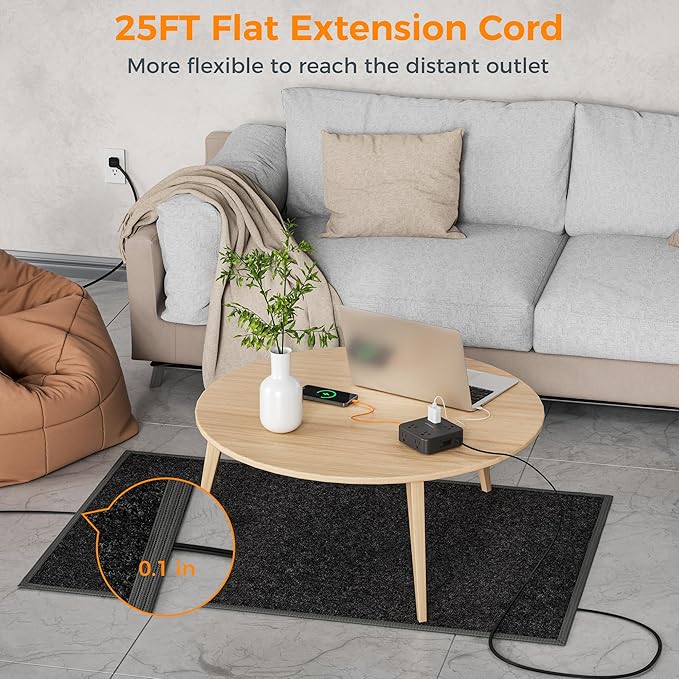 Long Extension Cord 25 FT, TESSAN Ultra Thin Flat Plug Power Strip Surge Protector with 8 AC Outlets, 3 USB Charger(1 USB C), 900J Protection Black Charging Station for Home, Office, Dorm Essentials