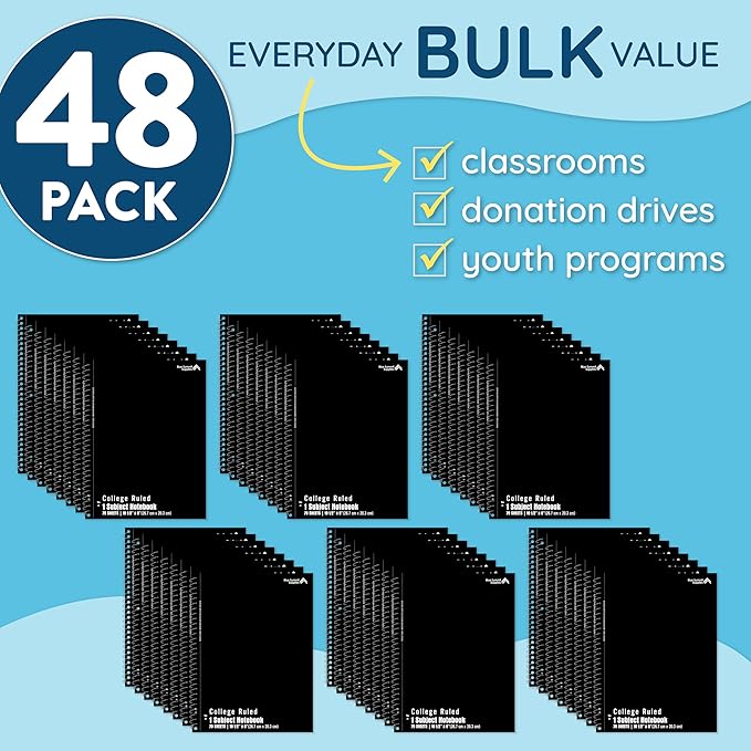 Blue Summit Black Spiral Notebooks Bulk, One Subject Spiral Notebook College Ruled, Perforated Notebook, 8 x 10.5 for Work and School, Paper, College Ruled, Bulk 48 Pack