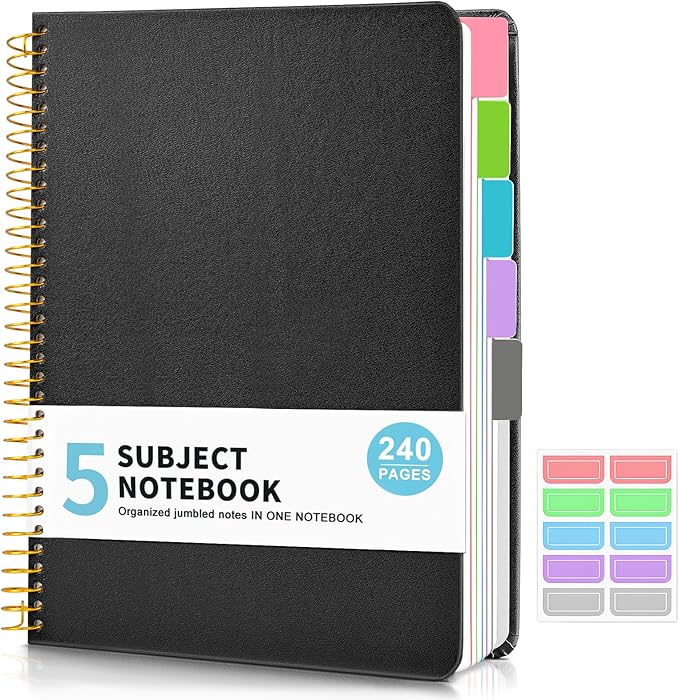 5 Subject Notebook College Ruled with Removable Pocket Dividers Tabs, 240 Pages Spiral Notebook 8.5 x 11, Lined Journal Notebook for Women , Hardcover Notebooks for Work School Note taking A4 Black