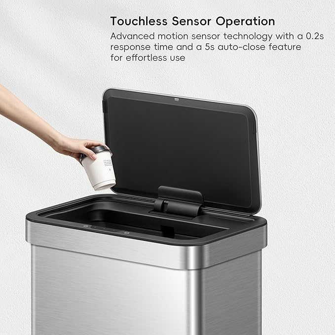 EKO Nova Sensor Trash Can, 21 Gallon/80 Liter Stainless Steel Rectangular Touchless Motion Sensor Trash Can, Matte Metallic