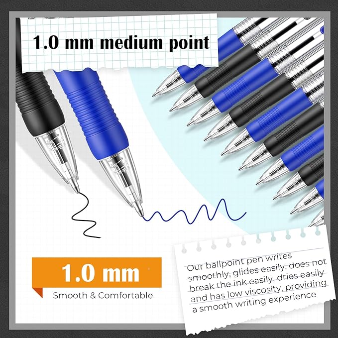 Fulmoon 100 Pcs Gel Ink Pens Retractable Ballpoint Medium Point 1.0 mm Ballpoint Smooth Writing Click Pens for Journal Writing Office Home(Black and Blue Ink)