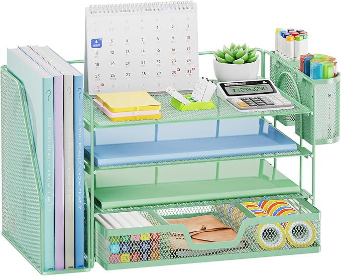 Marbrasse Desk Organizer and Accessories，4-Tier Paper Letter Tray Organizer with File Holder, Desk Accessories & Workspace Organizers with Drawer and 2 Pen Holder (Green, 15.4" x 9.1" x 8.3")