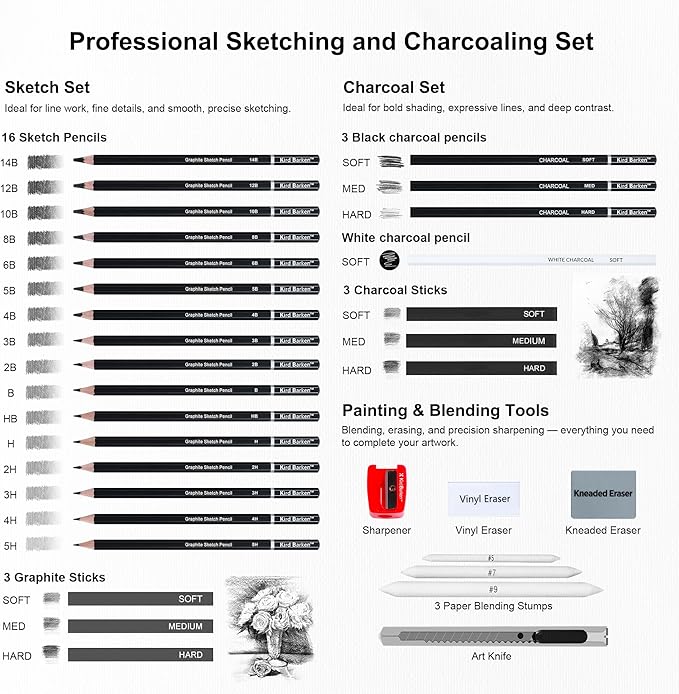33 Piece Sketching Pencil Set - 5H to 14B Pencils, Charcoal Pencils, Charcoal Sticks,Graphite Sticks,Painting tools – drawing pencil set for Beginners, Artists, Students, Kids
