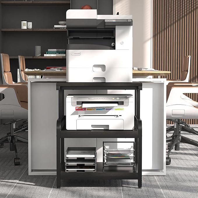 3-Tier Printer Stand with Wheels Retro Brown Printer Desk Removable and Fixed Printer Stand Rolling Cart Rack for Fax Machine, Scanner Office and Home Storage Rack